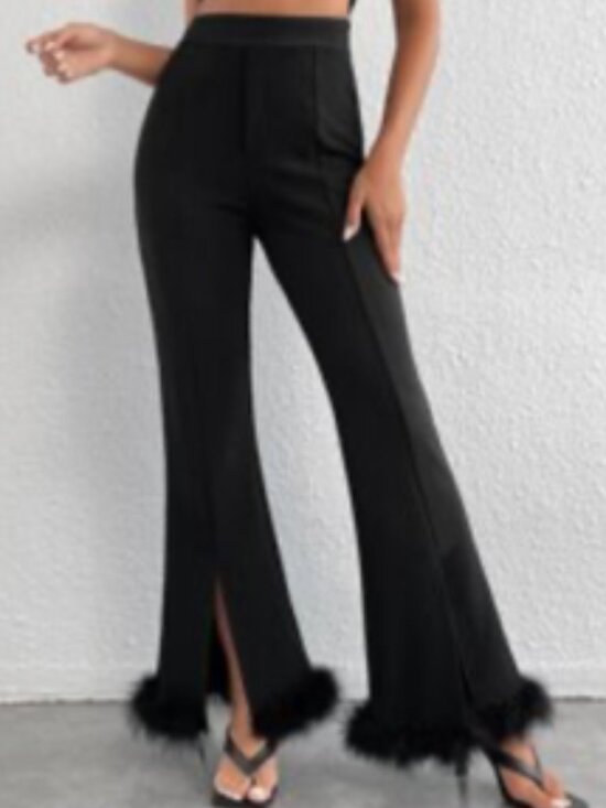 SHEIN Pants - Shein Black Feather Trim Front Seam Front Slit Stretch Crepe Pant
